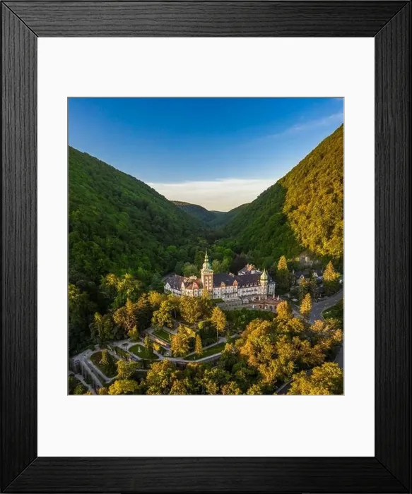 Framed Print : Lillafured, Hungary - Aerial view of the famous Lillafured Castle in the mountains of Bukk near Miskolc on a sunny Framed Print : Lillafured, Hungary - Aerial view of the famous Lillafured Castle in the mountains of Bukk near Miskolc on a sunny