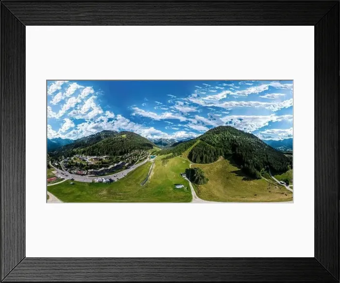 Framed Print : Alpine 360-degree panoramic view from drone, summer day