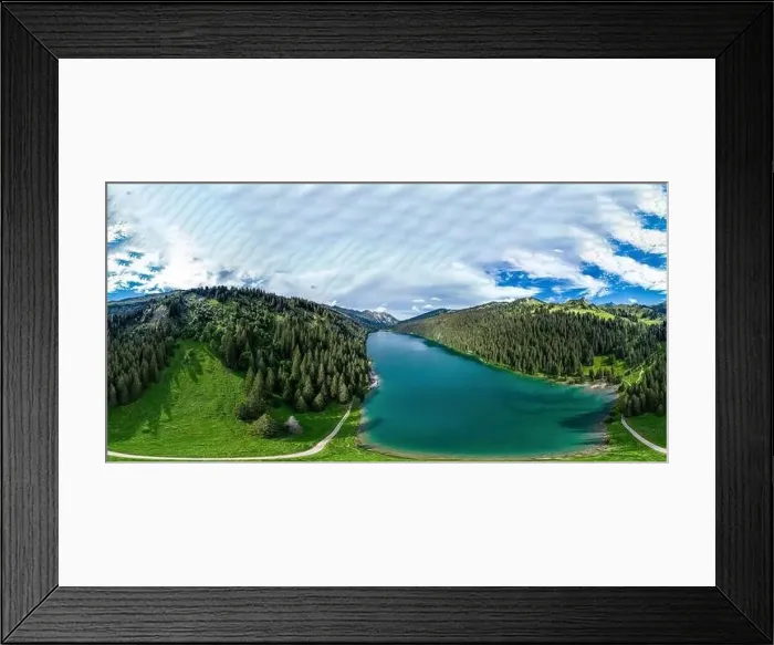 Framed Print : Alpine 360-degree panoramic view from drone, summer day Framed Print : Alpine 360-degree panoramic view from drone, summer day