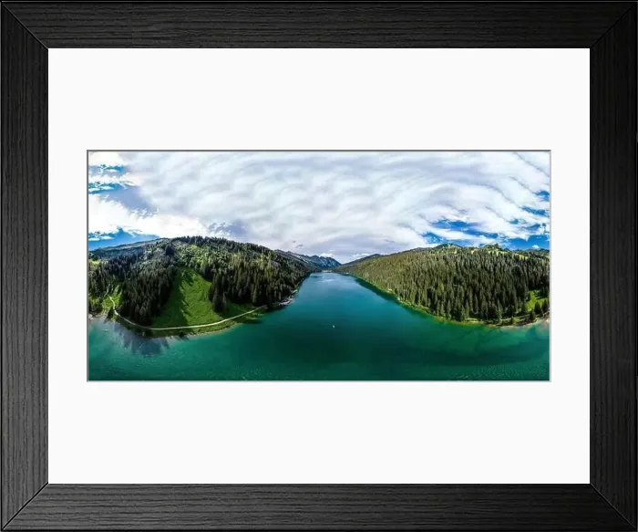 Framed Print : Alpine 360-degree panoramic view from drone, summer day Framed Print : Alpine 360-degree panoramic view from drone, summer day