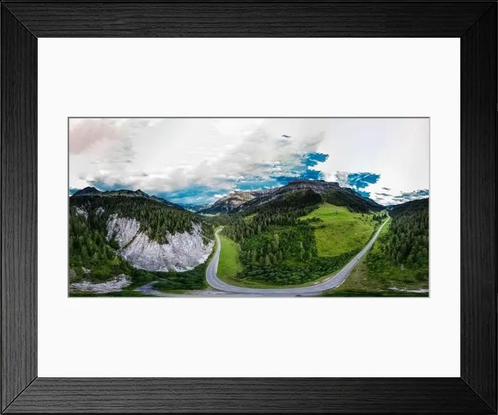 Framed Print : Alpine 360-degree panoramic view from drone, summer day Framed Print : Alpine 360-degree panoramic view from drone, summer day