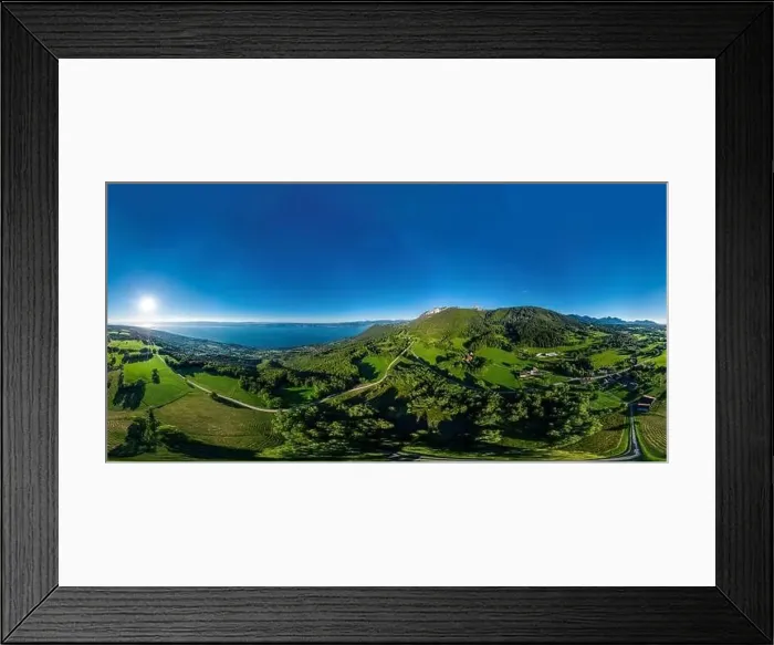 Framed Print : Alpine 360-degree panoramic view from drone, summer day