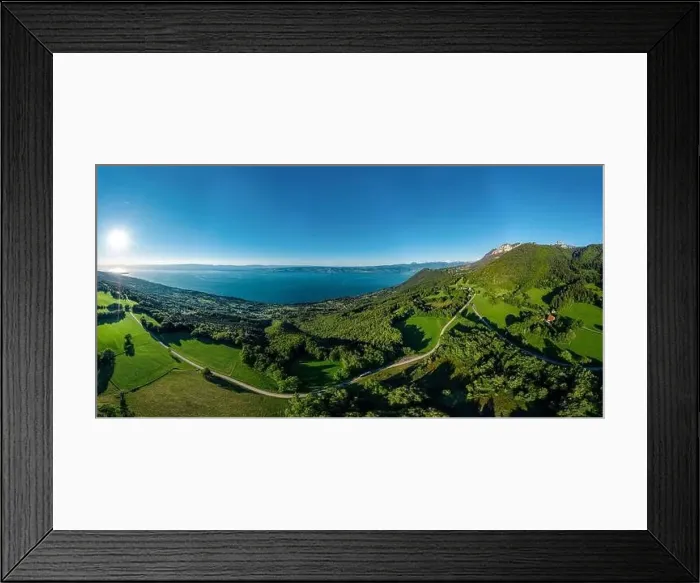 Framed Print : Geneva lake aerial panoramic view from drone, sunset time, France Framed Print : Geneva lake aerial panoramic view from drone, sunset time, France