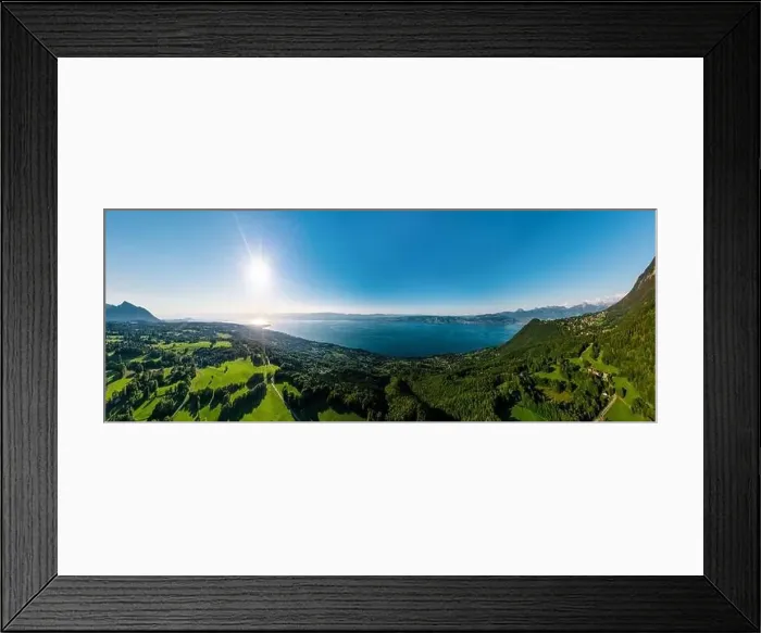 Framed Print : Geneva lake aerial panoramic view from drone, sunset time, France Framed Print : Geneva lake aerial panoramic view from drone, sunset time, France