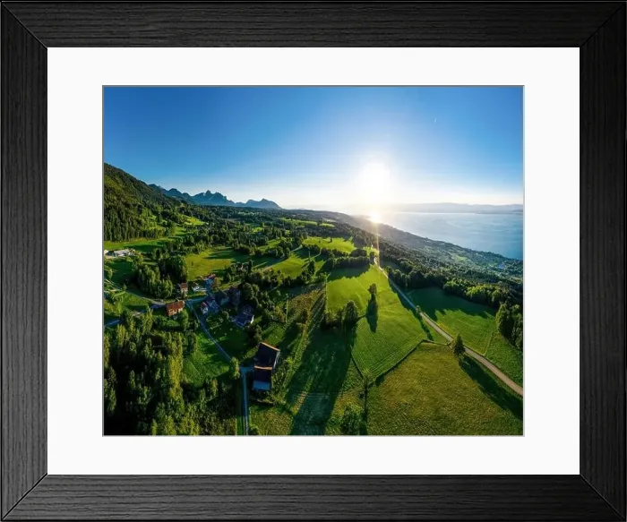 Framed Print : Geneva lake aerial panoramic view from drone, sunset time, France Framed Print : Geneva lake aerial panoramic view from drone, sunset time, France