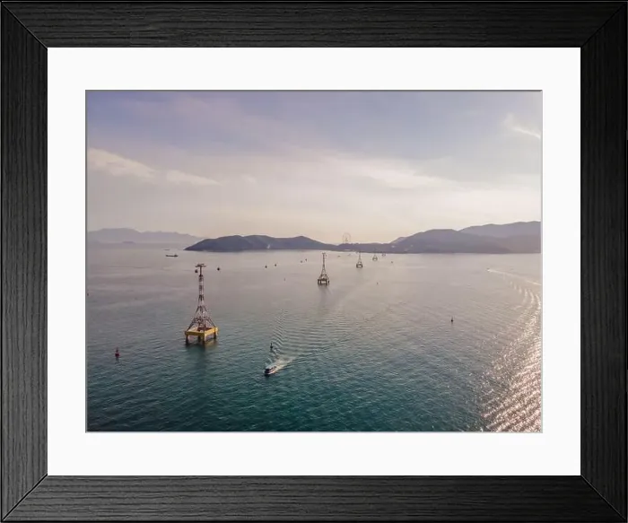 Framed Print : The cable car at Nha Trang beach. Aerial view from drone Framed Print : The cable car at Nha Trang beach. Aerial view from drone