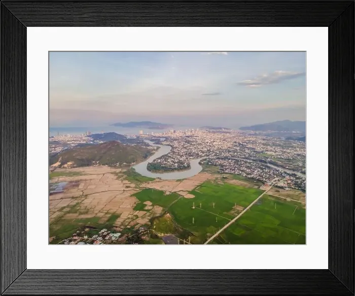 Framed Print : Mountains, river and city of Nha Trang, view from a drone Framed Print : Mountains, river and city of Nha Trang, view from a drone