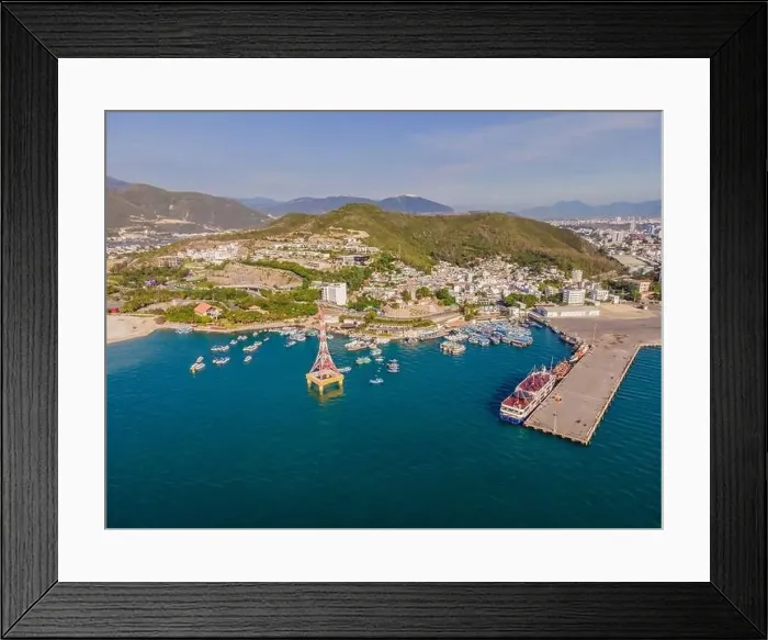 Framed Print : The cable car at Nha Trang beach. Aerial view from drone Framed Print : The cable car at Nha Trang beach. Aerial view from drone