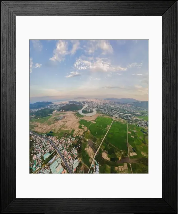 Framed Print : Mountains, river and city of Nha Trang, view from a drone Framed Print : Mountains, river and city of Nha Trang, view from a drone