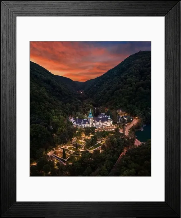 Framed Print : Lillafured, Hungary - Aerial view of the famous Lillafured Castle in the mountains of Bukk near Miskolc with a dramatic Framed Print : Lillafured, Hungary - Aerial view of the famous Lillafured Castle in the mountains of Bukk near Miskolc with a dramatic