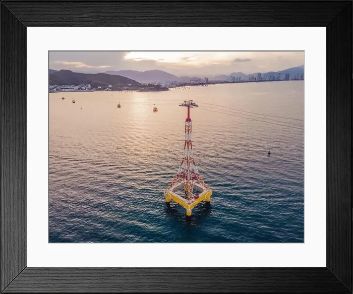 Framed Print : The cable car at Nha Trang beach. Aerial view from drone Framed Print : The cable car at Nha Trang beach. Aerial view from drone