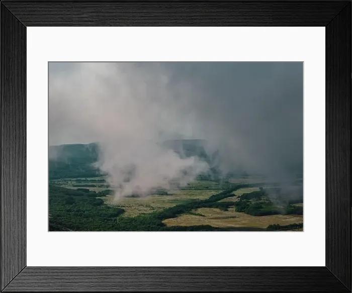 Framed Print : the view through the clouds of the valley before the rain. bird's-eye view, spring