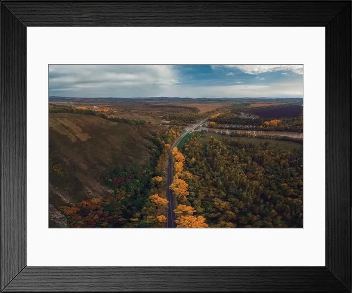 Framed Print : Aerial view of road in beautiful autumn altai forest Framed Print : Aerial view of road in beautiful autumn altai forest