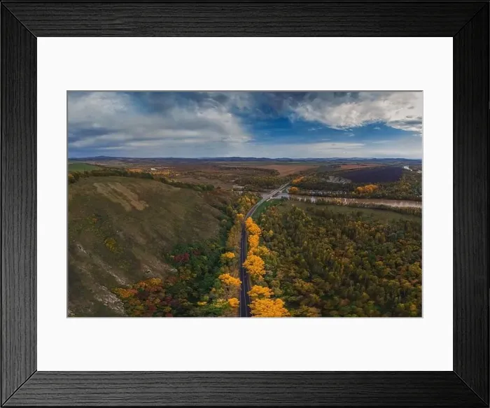 Framed Print : Aerial view of road in beautiful autumn altai forest Framed Print : Aerial view of road in beautiful autumn altai forest