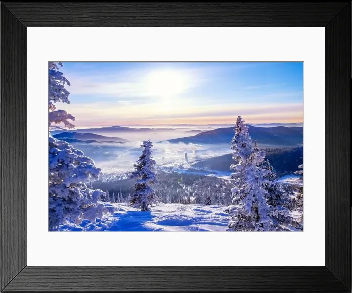 Framed Print : Sheregesh Kemerovo region ski resort in winter dawn sun on city, landscape on mountain and hotels, aerial top view Framed Print : Sheregesh Kemerovo region ski resort in winter dawn sun on city, landscape on mountain and hotels, aerial top view