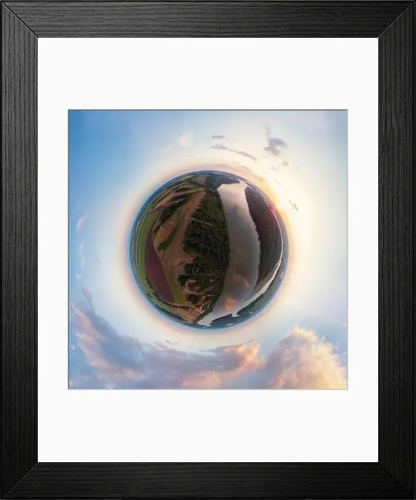 Framed Print : Aerial drone view of river landscape in sunny summer evening Framed Print : Aerial drone view of river landscape in sunny summer evening