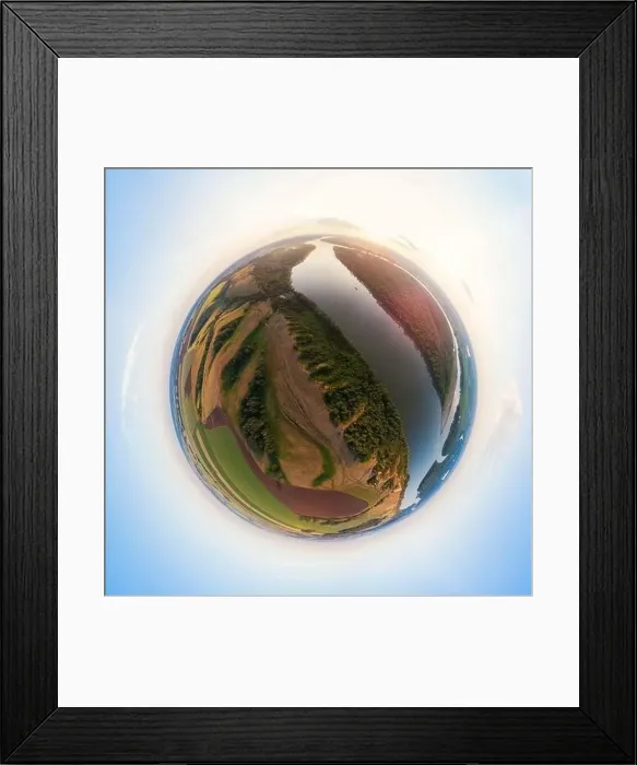 Framed Print : Aerial drone view of river landscape in sunny summer evening Framed Print : Aerial drone view of river landscape in sunny summer evening