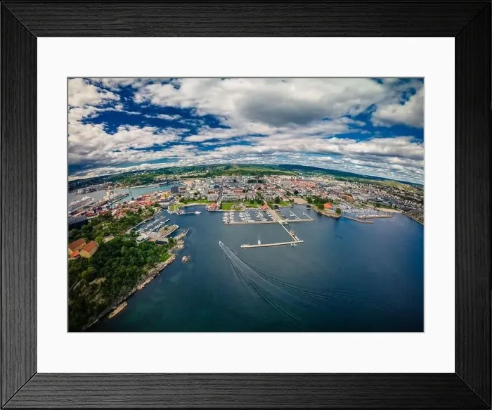 Framed Print : Drone view of Kristiansand town and Kvadraturen from Oderoya, Norway