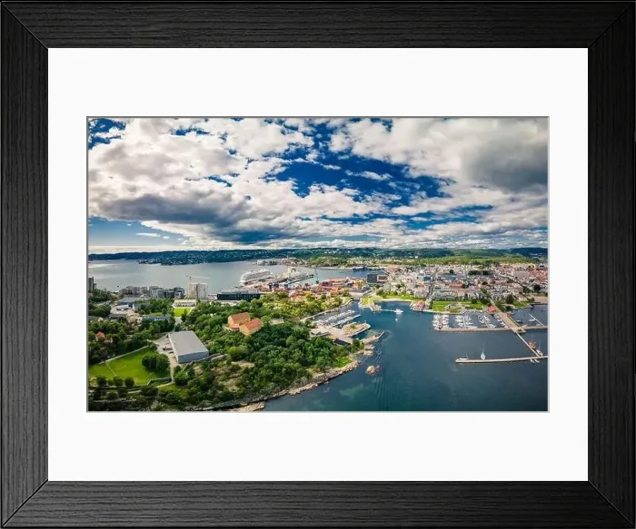 Framed Print : Drone view of Kristiansand town and Kvadraturen from Oderoya, Norway Framed Print : Drone view of Kristiansand town and Kvadraturen from Oderoya, Norway