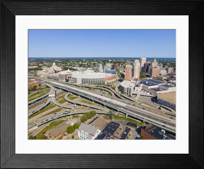Framed Print : Providence interchange road at Interstate Highway I-95 exit 22 to Memorial Blvd aerial view in downtown Providence Framed Print : Providence interchange road at Interstate Highway I-95 exit 22 to Memorial Blvd aerial view in downtown Providence