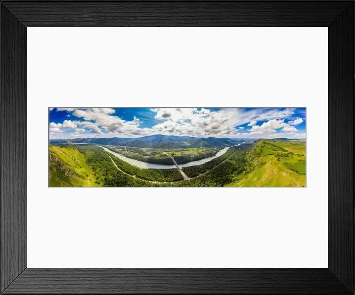 Framed Print : Panorama Blue Katun river Altai mountains republic Russia, aerial top view Framed Print : Panorama Blue Katun river Altai mountains republic Russia, aerial top view
