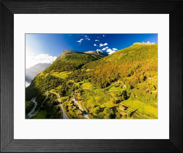 Framed Print : Panoramic and drone landscape of Geiranger fjords, Geirangerfjord, Norway Framed Print : Panoramic and drone landscape of Geiranger fjords, Geirangerfjord, Norway