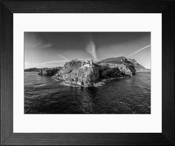 Framed Print : Santa Catalina lighthouse in Lekeitio, Basque country - drone aerial view, Black and white Framed Print : Santa Catalina lighthouse in Lekeitio, Basque country - drone aerial view, Black and white