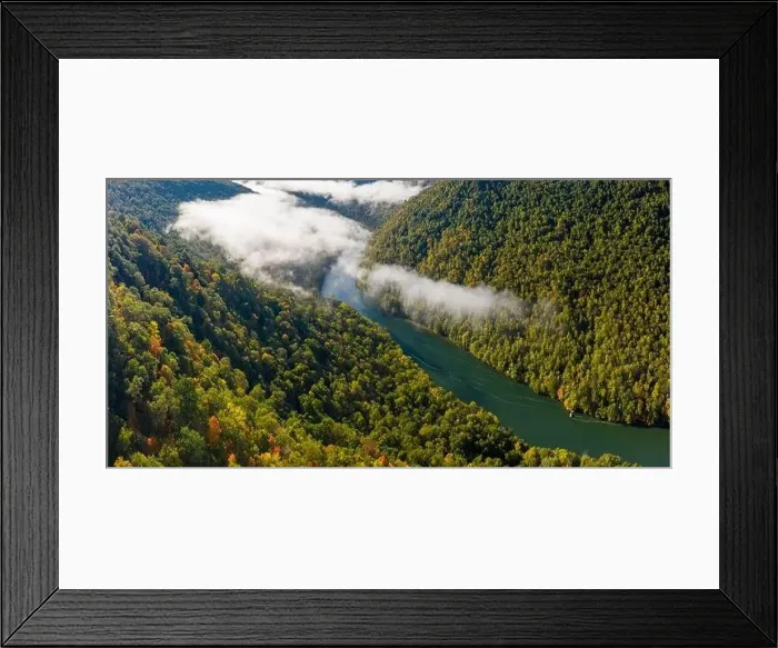 Framed Print : Aerial drone image of the Cheat River flowing through narrow wooded gorge in the autumn towards Cheat Lake near Framed Print : Aerial drone image of the Cheat River flowing through narrow wooded gorge in the autumn towards Cheat Lake near