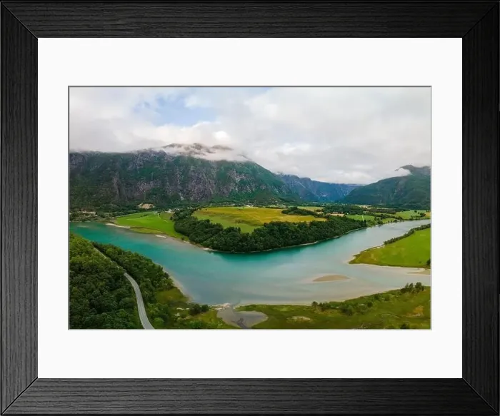 Framed Print : Wonderful aerial drone view of Rauma river, mountains and Andalsnes city Framed Print : Wonderful aerial drone view of Rauma river, mountains and Andalsnes city