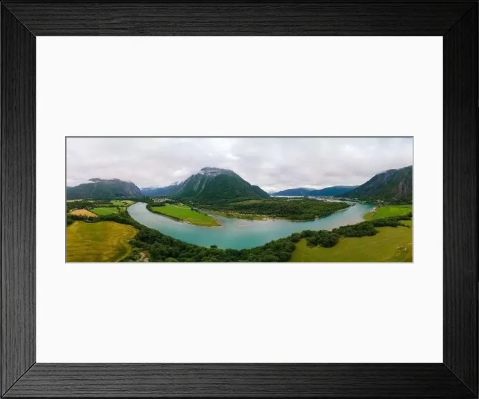 Framed Print : Wonderful aerial drone view of Rauma river, mountains and Andalsnes city Framed Print : Wonderful aerial drone view of Rauma river, mountains and Andalsnes city