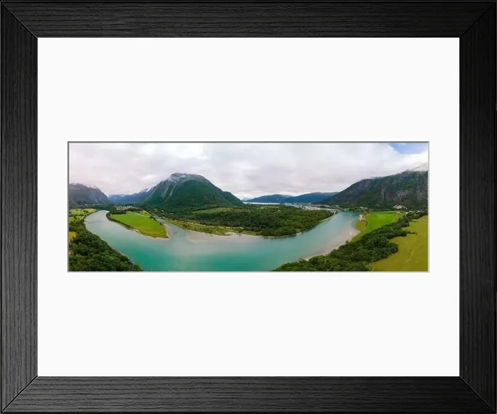 Framed Print : Wonderful aerial drone view of Rauma river, mountains and Andalsnes city Framed Print : Wonderful aerial drone view of Rauma river, mountains and Andalsnes city