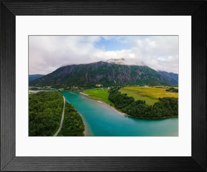 Framed Print : Wonderful aerial drone view of Rauma river, mountains and Andalsnes city Framed Print : Wonderful aerial drone view of Rauma river, mountains and Andalsnes city