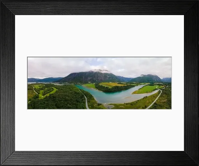 Framed Print : Wonderful aerial drone view of Rauma river, mountains and Andalsnes city Framed Print : Wonderful aerial drone view of Rauma river, mountains and Andalsnes city