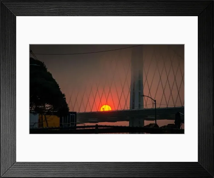Framed Print : Rising Sun fire ball over San Francisco Bay bridge from wildfires 2020