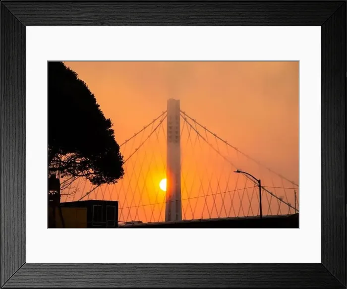 Framed Print : Eerie orange sky over Bay Bridge in San Francisco, zoom in Framed Print : Eerie orange sky over Bay Bridge in San Francisco, zoom in