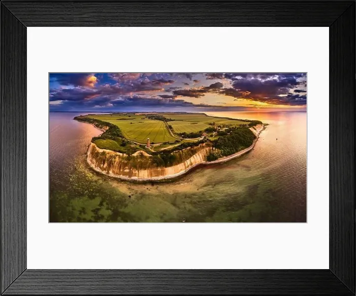 Framed Print : drone view of lighthouses in sunset from northern part of island of Ruegen - called Kap Arkona