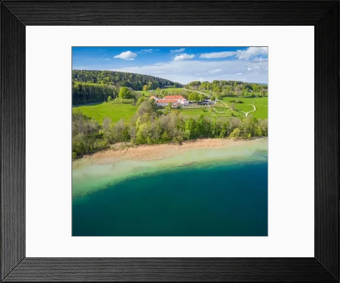 Framed Print : Lake Tegernsee in the Bavarian Alps. Aerial Drone Panorama Shot. Spring