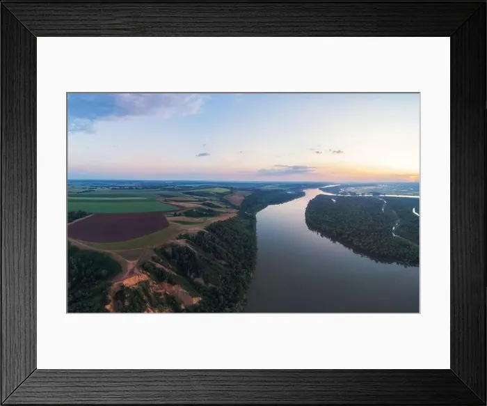 Framed Print : Aerial drone view of river landscape in sunny summer evening Framed Print : Aerial drone view of river landscape in sunny summer evening