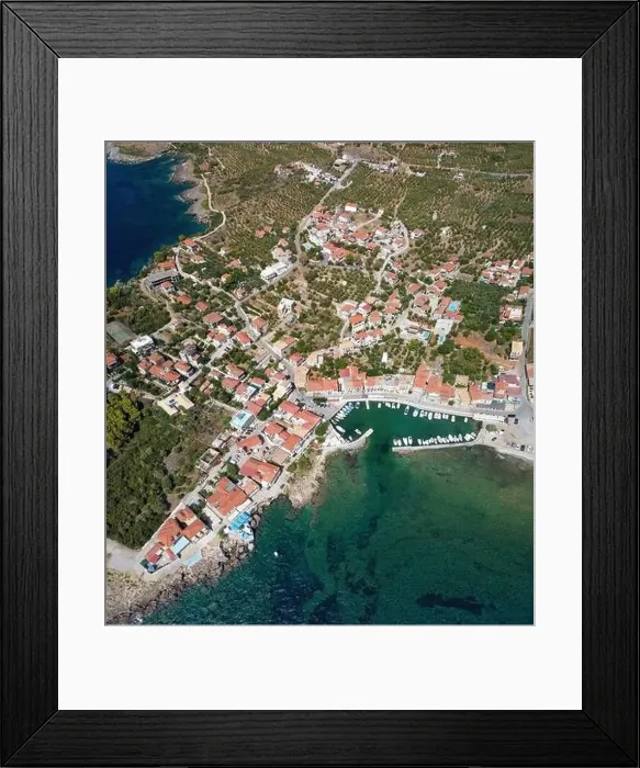 Framed Print : Aerial view of Aghios Nikolaos fish village and harbor in Mani, Greece Framed Print : Aerial view of Aghios Nikolaos fish village and harbor in Mani, Greece
