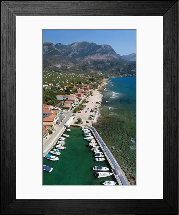 Framed Print : Aerial view of Aghios Nikolaos fish village and harbor in Mani, Greece Framed Print : Aerial view of Aghios Nikolaos fish village and harbor in Mani, Greece