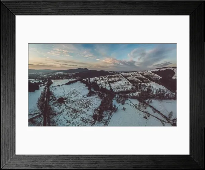 Framed Print : Lower Beskid, Carpathian Mountain Range in winter aerial view, orange and pink sky Framed Print : Lower Beskid, Carpathian Mountain Range in winter aerial view, orange and pink sky
