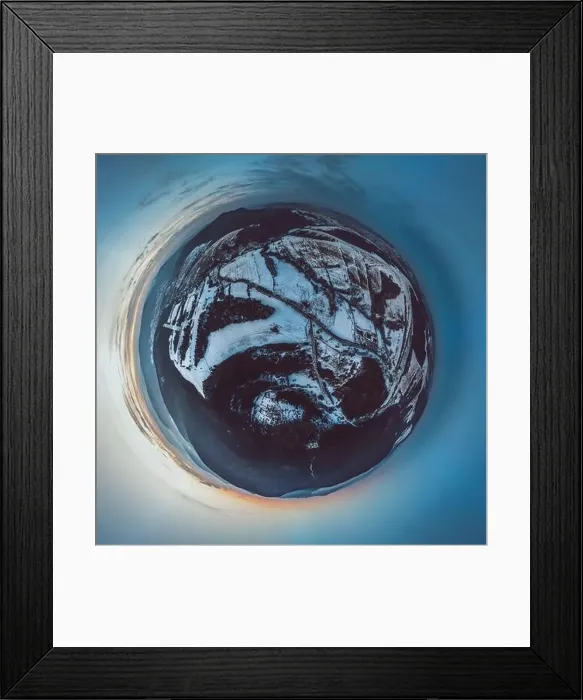 Framed Print : Lower Beskid, Carpathian Mountain Range in winter aerial little planet view, orange and pink sky