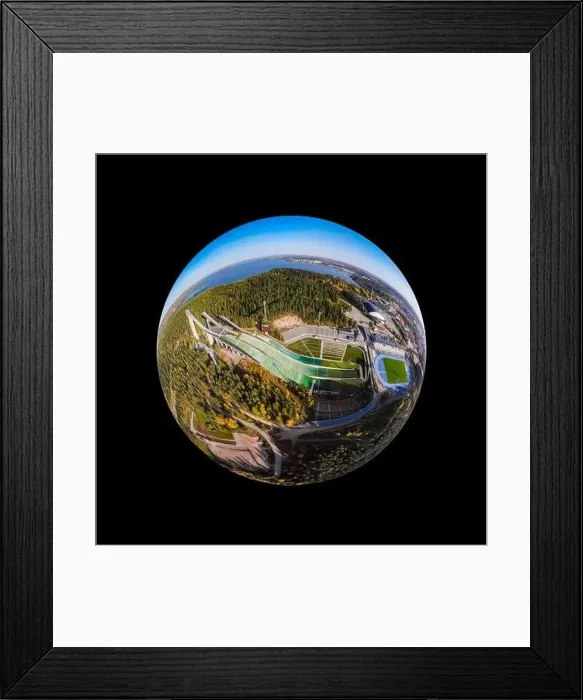 Framed Print : A three dimensional aerial panoramic view of Lahti sports centre with three ski jump towers Framed Print : A three dimensional aerial panoramic view of Lahti sports centre with three ski jump towers
