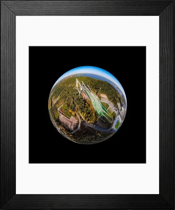 Framed Print : A three dimensional aerial panoramic view of Lahti sports centre with three ski jump towers Framed Print : A three dimensional aerial panoramic view of Lahti sports centre with three ski jump towers