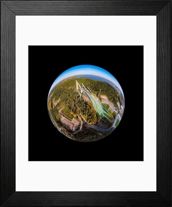 Framed Print : A three dimensional aerial panoramic view of Lahti sports centre with three ski jump towers Framed Print : A three dimensional aerial panoramic view of Lahti sports centre with three ski jump towers