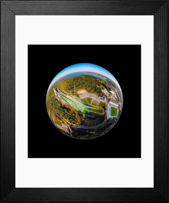 Framed Print : A three dimensional aerial panoramic view of Lahti sports centre with three ski jump towers