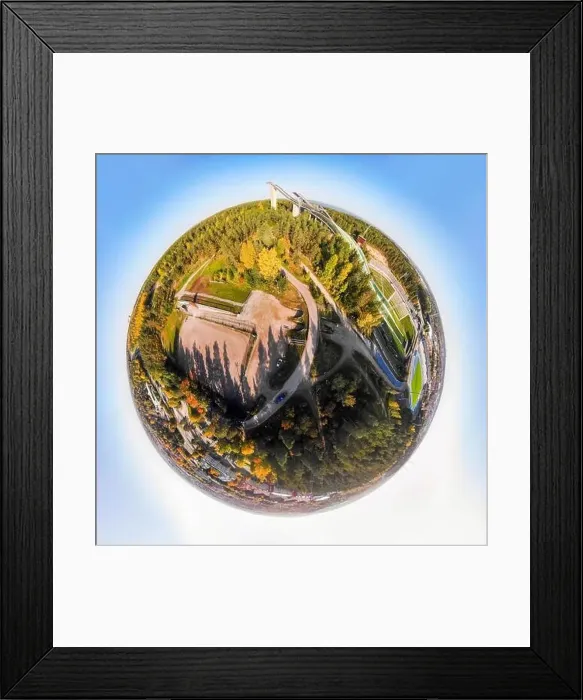 Framed Print : A three dimensional aerial panoramic view of Lahti sports centre with three ski jump towers Framed Print : A three dimensional aerial panoramic view of Lahti sports centre with three ski jump towers