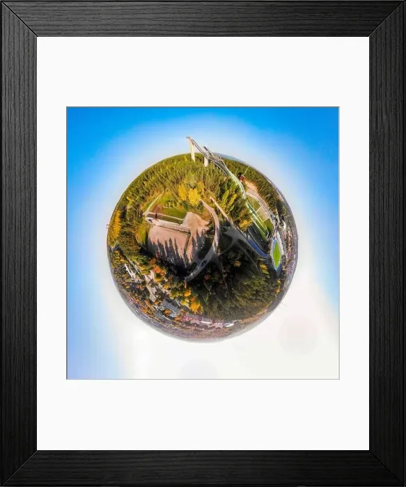 Framed Print : A three dimensional aerial panoramic view of Lahti sports centre with three ski jump towers Framed Print : A three dimensional aerial panoramic view of Lahti sports centre with three ski jump towers