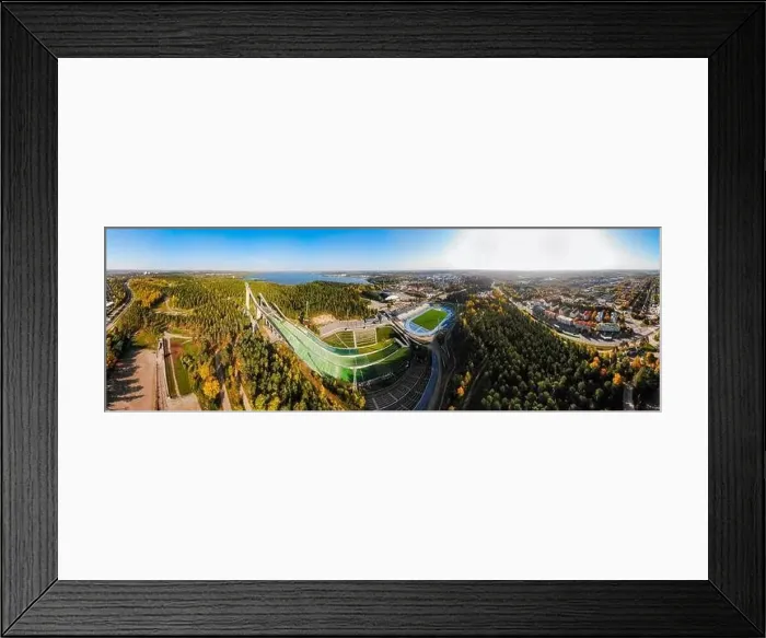 Framed Print : Aerial panoramic view of Lahti sports centre with three ski jump towers Framed Print : Aerial panoramic view of Lahti sports centre with three ski jump towers