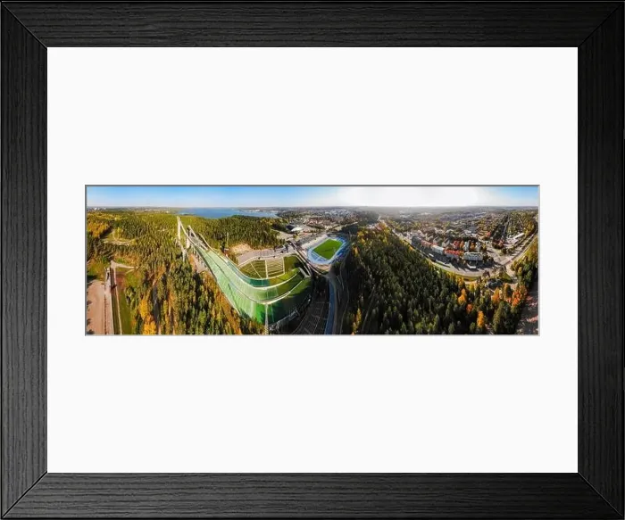 Framed Print : Aerial panoramic view of Lahti sports centre with three ski jump towers Framed Print : Aerial panoramic view of Lahti sports centre with three ski jump towers